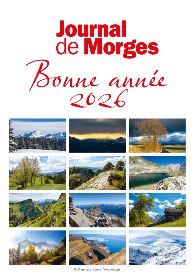 Couverture du calendrier 2026 du Journal de Morges, imprimé par l'Imprimerie ROS : logo du journal, bonne année 2026 et les douze photos de l'année