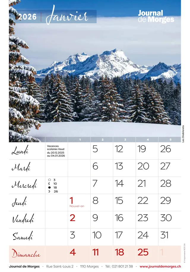 Calendrier 2026 du Journal de Morges, page de janvier : Les Diablerets