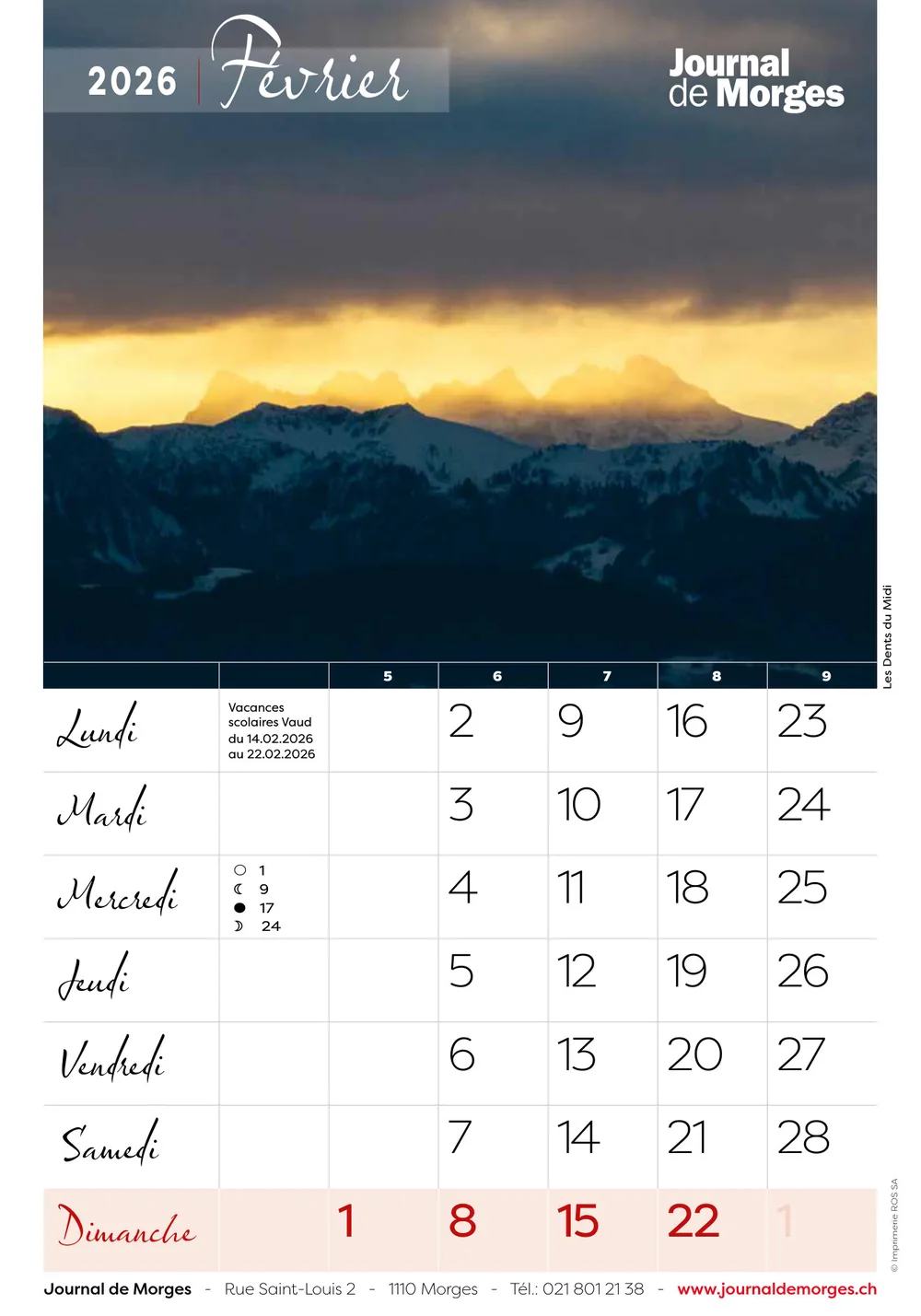 Calendrier 2026 du Journal de Morges, page de février : Les Dents du Midi