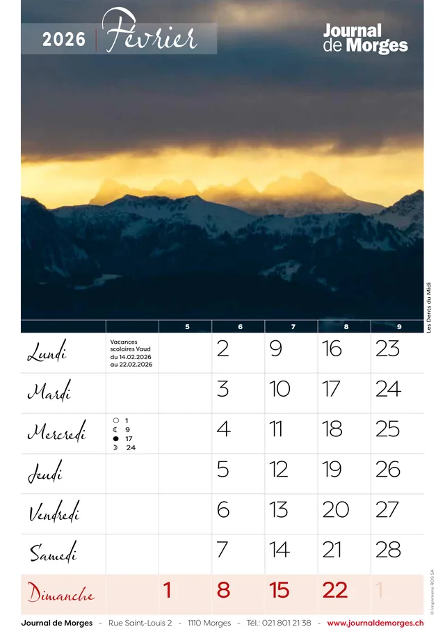 Calendrier 2026 du Journal de Morges, page de février : Les Dents du Midi