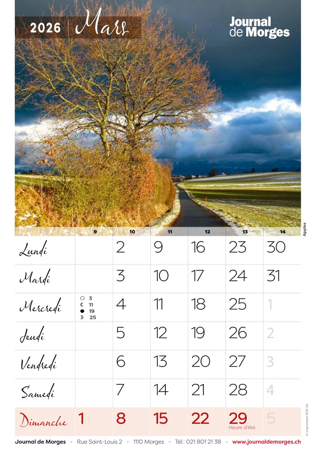 Calendrier 2026 du Journal de Morges, page de mars : Apples