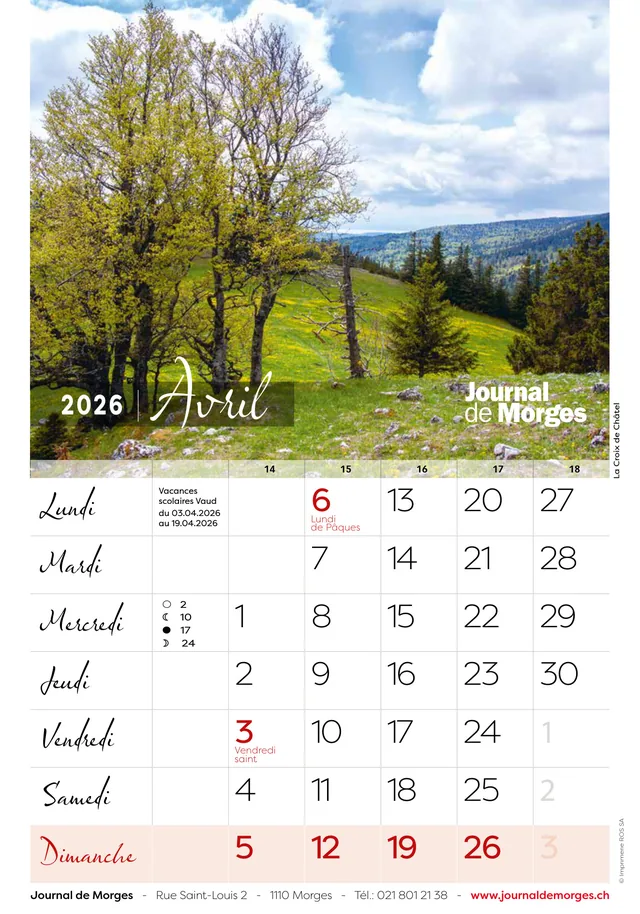 Calendrier 2026 du Journal de Morges, page d'avril : La Croix de Châtel