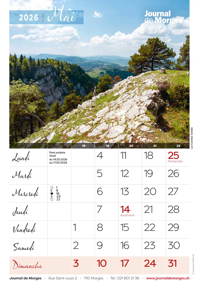Calendrier 2026 du Journal de Morges, page de mai : La Combe Grède
