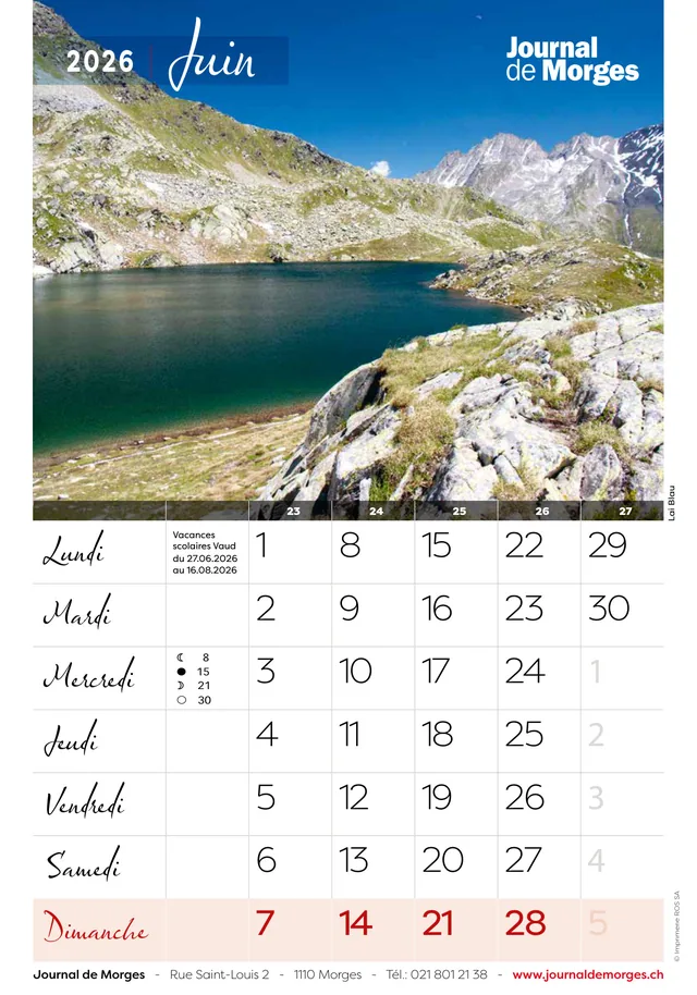 Calendrier 2026 du Journal de Morges, page de juin : Lai Blau