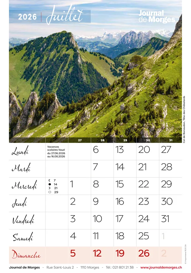 Calendrier 2026 du Journal de Morges, page de juillet : Col de Bonaudon, Tête des Châtelards