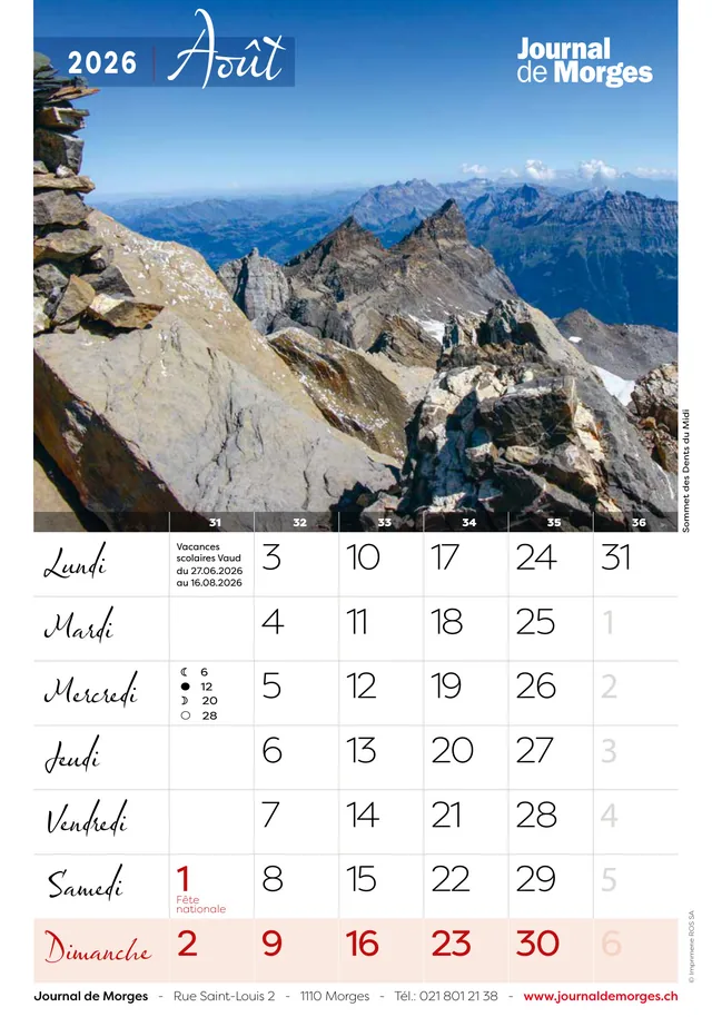 Calendrier 2026 du Journal de Morges, page d'août : Sommet des Dents du Midi