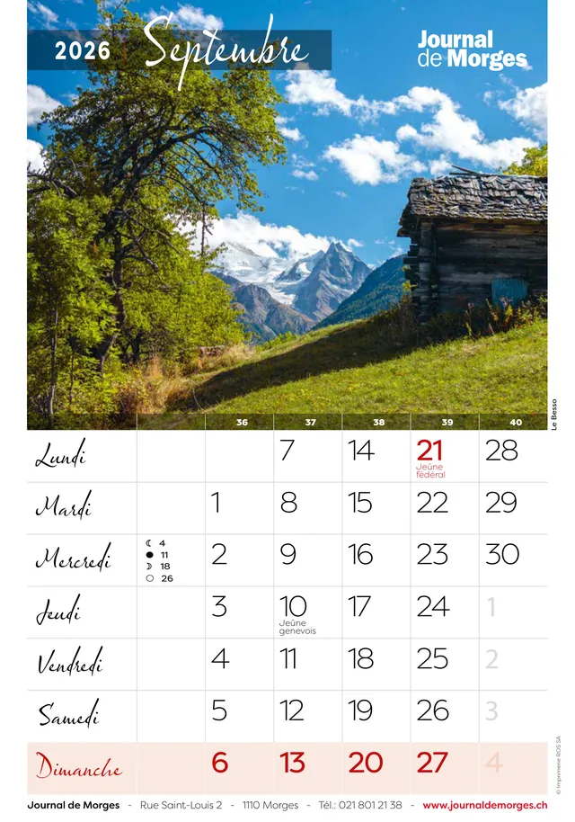 Calendrier 2026 du Journal de Morges, page de septembre : Le Besso