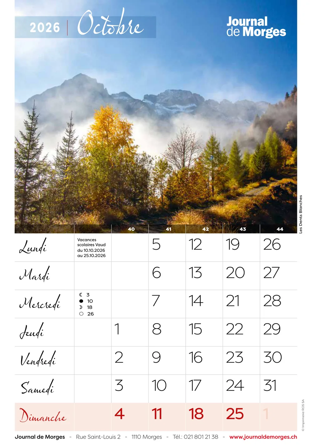 Calendrier 2026 du Journal de Morges, page d'octobre : Les Dents Blanches