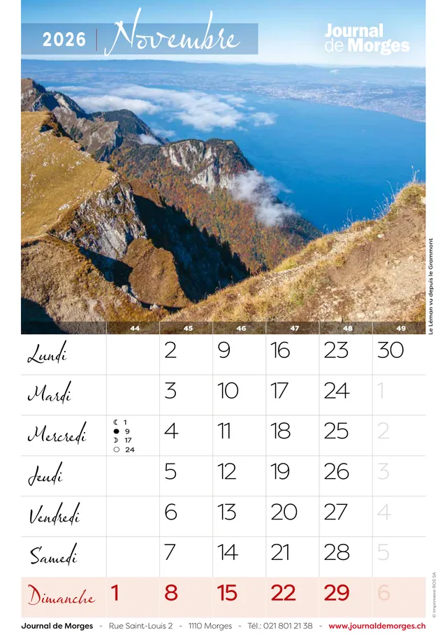 Calendrier 2026 du Journal de Morges, page de novembre : Le Léman vu depuis le Grammont