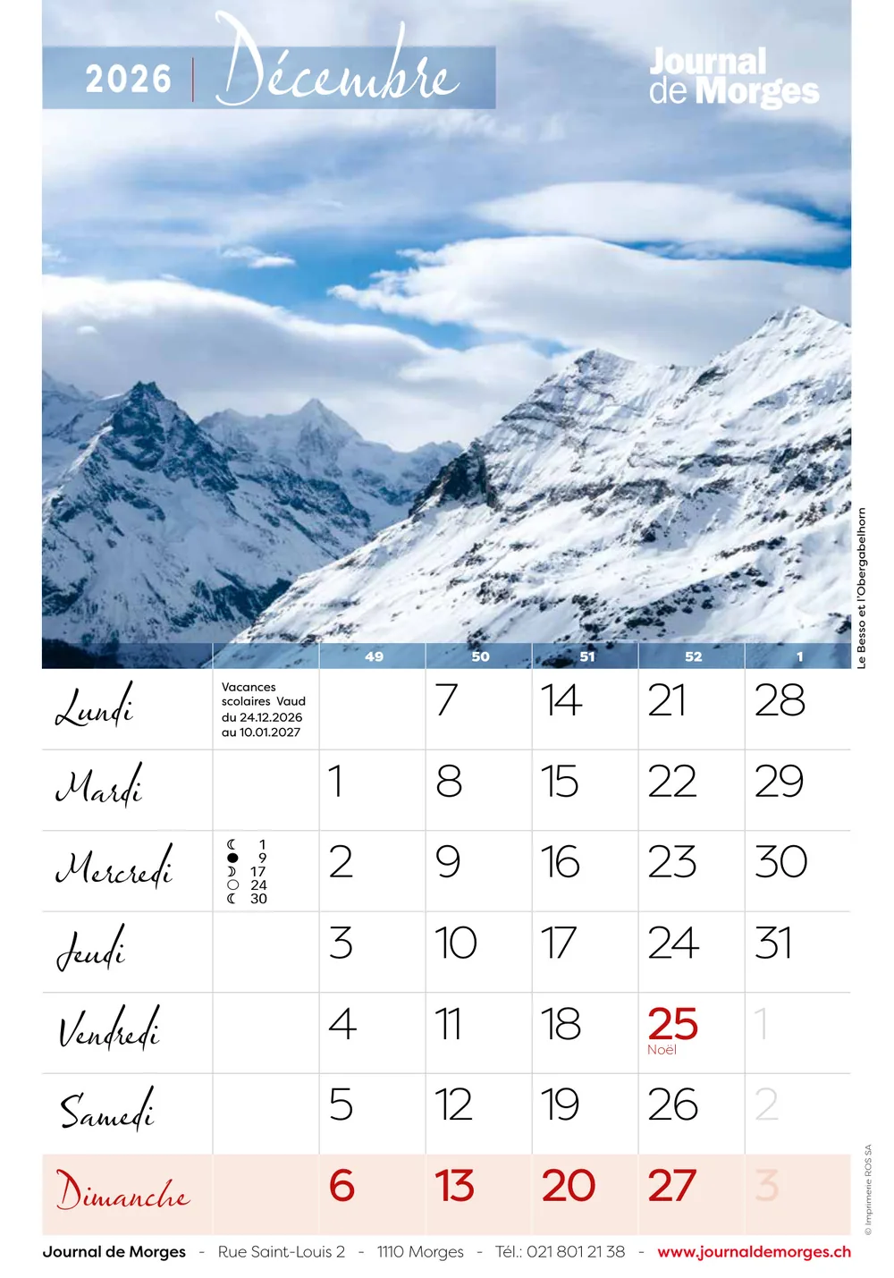 Calendrier 2026 du Journal de Morges, page de décembre : Le Besso et l’Obergabelhorn